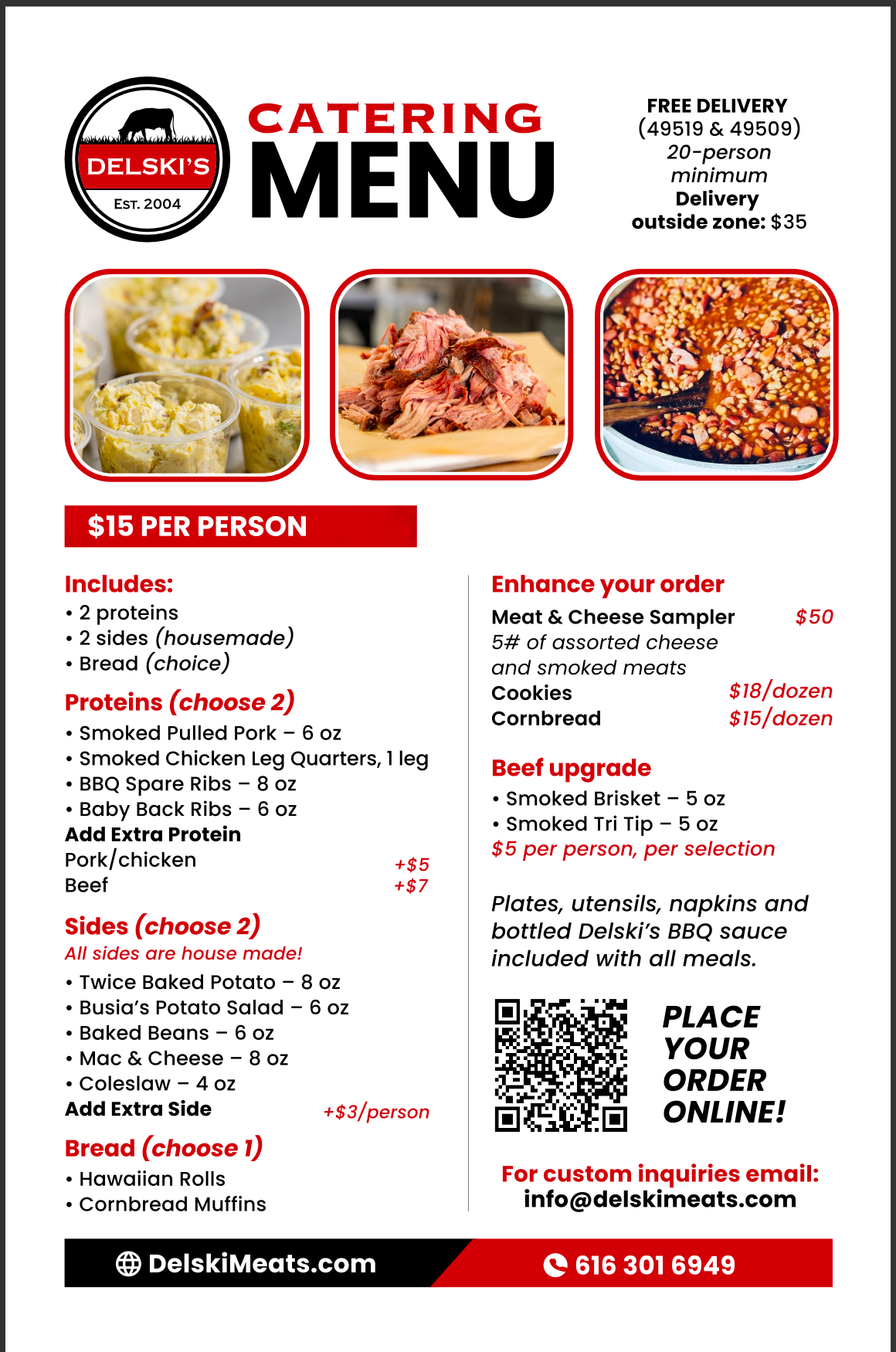 Catering menu from Delski's Meats with images of food and contact information.